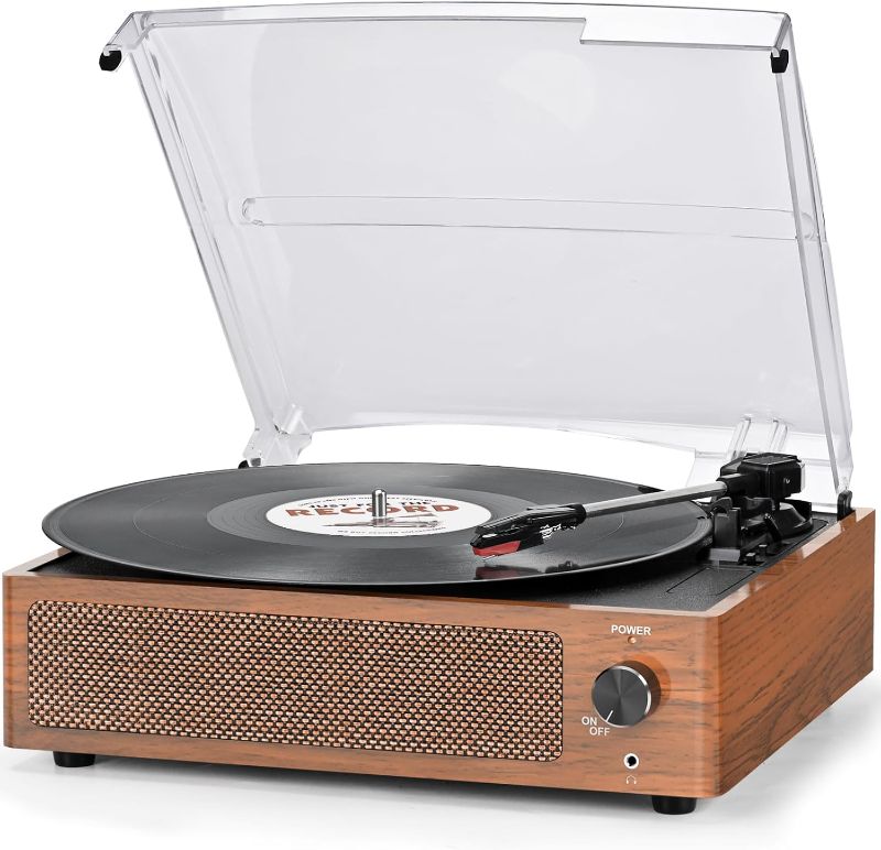 Photo 1 of Vinyl Record Player with Speakers Vintage Turntable for Vinyl Records Belt-Driven Turntable Support 3-Speed Bluetooth Playback Headphone AUX RCA Line LP Vinyl Players for Sound Enjoyment Retro Brown