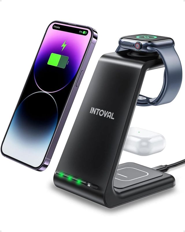 Photo 1 of Intoval Wireless Charging Station, 3 in 1 Charger for Apple iPhone/iWatch/Airpods,iPhone16 15,14,13,12,11 (Pro,Pro Max)/XS/XR/XS,iWatch10 9/8/Ultra2/1/7/6/SE/5/4/3/2,Airpods Pro2/Pro1/3 (A3,Black)