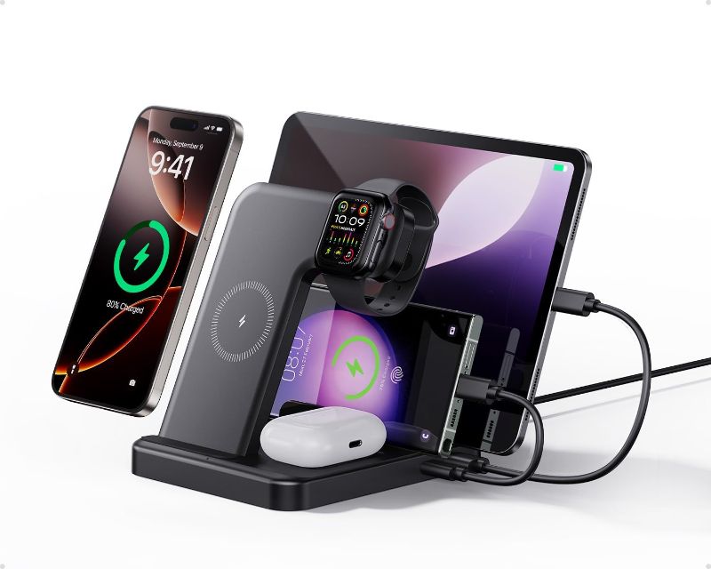 Photo 1 of Intoval 5-in-1 Charging Station, for iPhones 16e/16 Pro/16 Pro Max/16 and Androids, iPad Pro/Air/Mini, Apple Watch 10/Ultra 2/Ultra/8/7/6/SE, Wireless Charging Dock for Multiple Devices (G805,Black)
