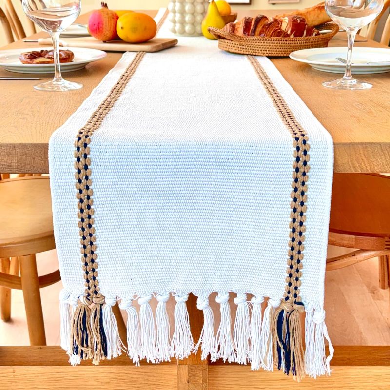 Photo 1 of Boho Table Runner 90 Inches Long - Braided & Striped Dining Room Table Runner Linen with Handmade Tassels, Durable & Washable for Modern Farmhouse Dining Table Centerpiece Décor (33 x 228)