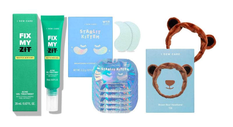 Photo 1 of I DEW CARE 3 Piece Beauty Set Fix My Zit Acne Gel Treatment, Hydrogel Eye Patch Set, & A Brown Bear Face Wash Head Band