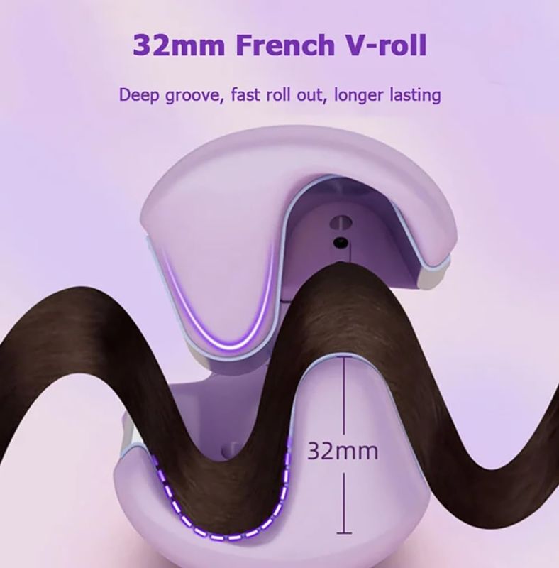 Photo 1 of French Wave Curling Iron, Rommantic French Egg Roll Curling Iron, Egg-Roll Hairstyle Water Ripple V-Shaped, 32mm Curling Wand (Purple)