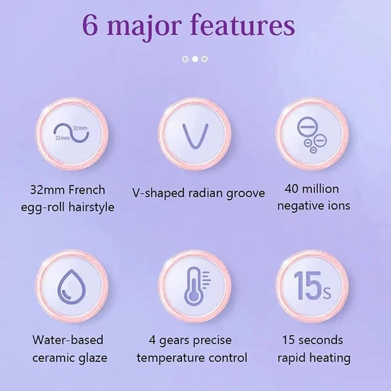 Photo 1 of French Wave Curling Iron, Rommantic French Egg Roll Curling Iron, Egg-Roll Hairstyle Water Ripple V-Shaped, 32mm Curling Wand (Purple)