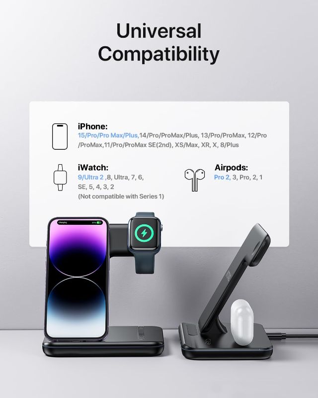 Photo 1 of Intoval Charging Station for Apple iPhone/iWatch/Airpods, 3 in 1 Wireless Charger for iPhone 14/13/12/11/XS/XR/XS/X/8, iWatch 8/Ultra/7/6/SE/5/4/3/2, Airpods Pro2/Pro1/3/2/1 (Z5,Black)