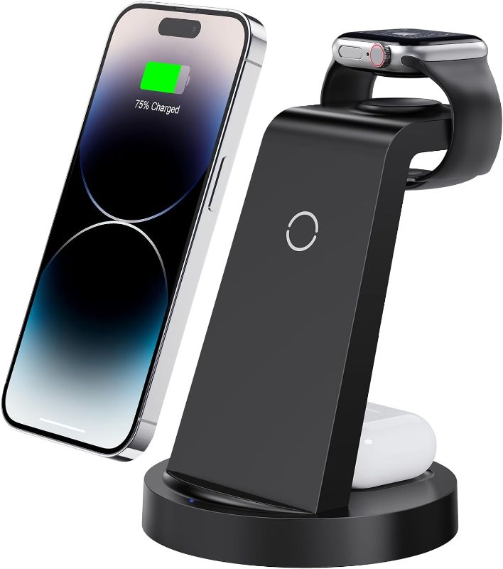Photo 1 of 3 in 1 Charging Station for iPhone, Wireless Charger for iPhone 16e 16 15 14 13 12 11 X Pro Max & Apple Watch - Wireless Charging Station for AirPods 4 3 Pro