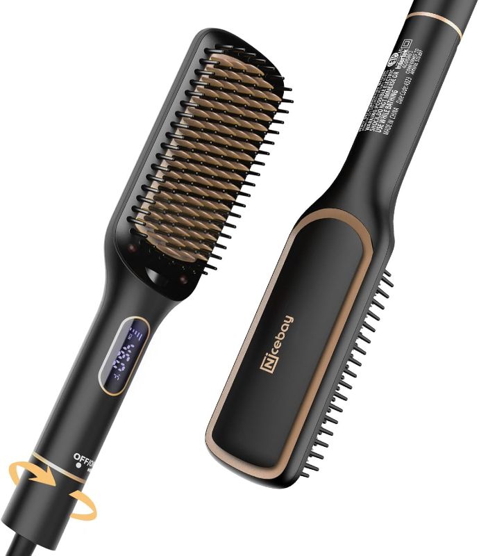 Photo 1 of Nicebay Hair Straightener Brush with Rotatable Temperature Adjustment, 6 Temp Settings, Auto-Off, LED Display, Effective Hair Care for Women, Ceramic Heater Surface Material, Black & Gold