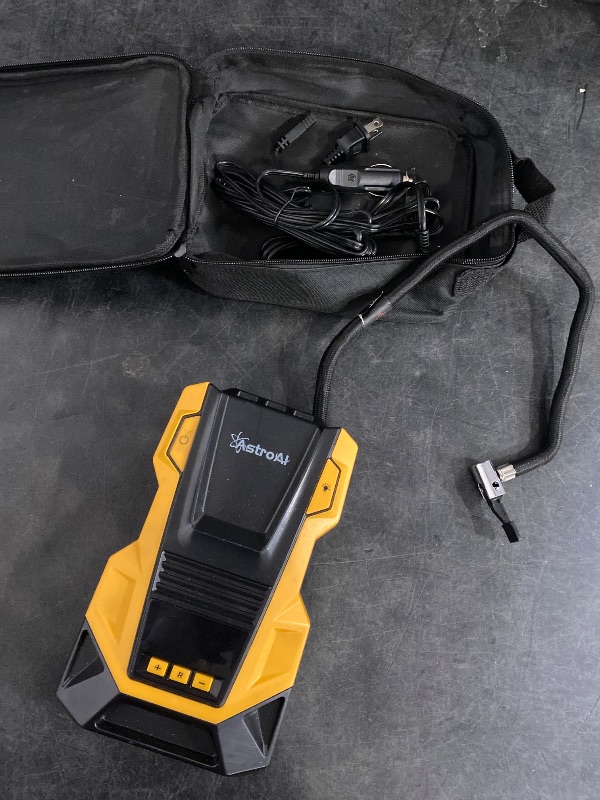 Photo 1 of AstroAI AC/DC Tire Inflator Portable Air Compressor for Car, Air Pump for Car Tires, Car Accessories 150PSI with LED Light for Cars, Balls, Motorcycles, and Other CZK-3666 Yellow