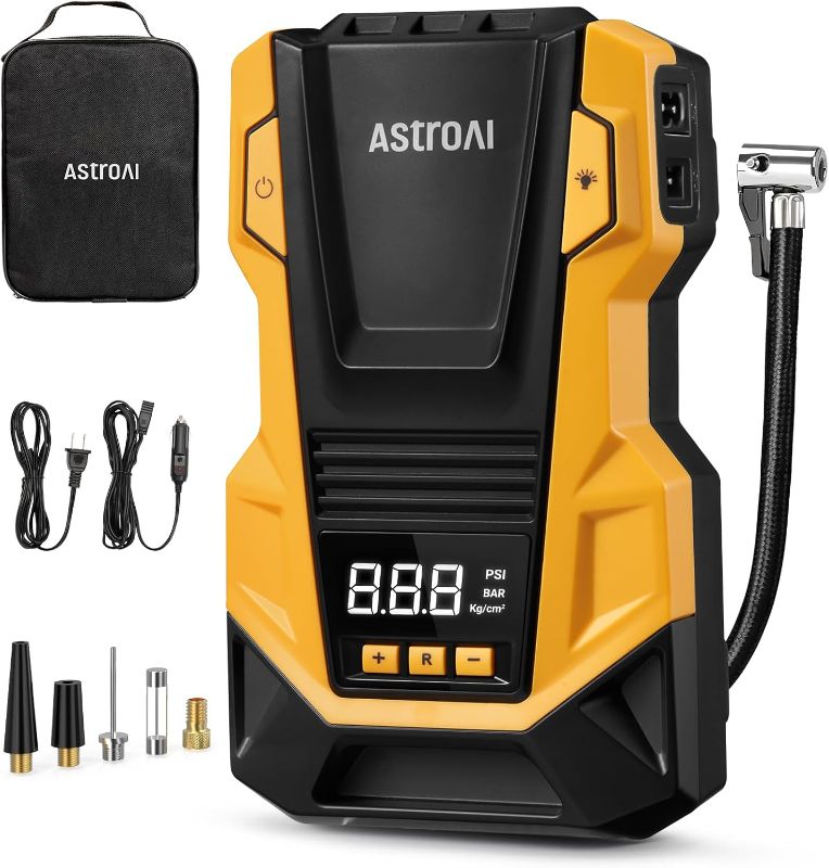 Photo 1 of AstroAI AC/DC Tire Inflator Portable Air Compressor for Car, Air Pump for Car Tires, Car Accessories 150PSI with LED Light for Cars, Balls, Motorcycles, and Other CZK-3666 Yellow