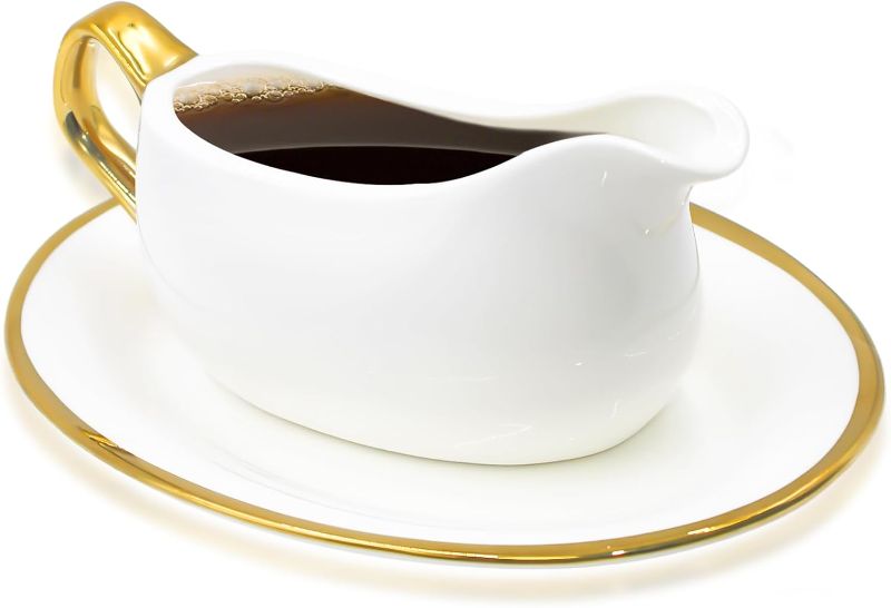 Photo 1 of 14 oz Gravy Boat with Tray, Ceramic Sauce Boat with Gold Trim Ergonomic Handle and Dripless Lip Spout for Salad Dressings, Creamer, Broth, Black Pepper, White