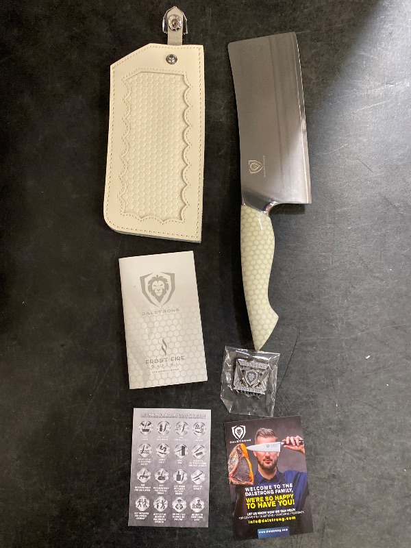 Photo 1 of Dalstrong Nakiri Knife - 6.5 inch - Frost Fire Series - High Chromium 10CR15MOV Stainless Steel Vegetable Knife - Frosted Sandblast Finish - White Honeycomb Handle - Leather Sheath - NSF Certified