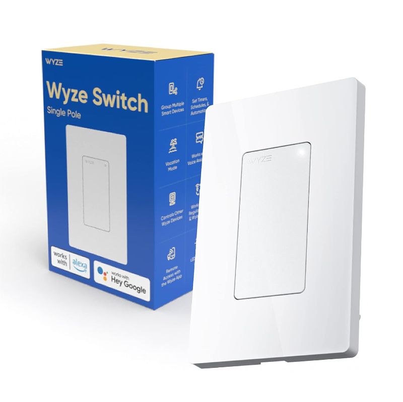 Photo 1 of Wyze Switch, 2.4 GHz WiFi Smart Light Switch, Single-Pole, Needs Neutral Wire, Compatible with Alexa, Google Assistant, and IFTTT, No Hub Required, 1-Pack, White
