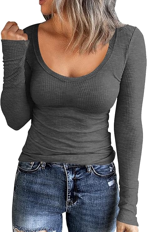Photo 1 of M Roselux Women Long Sleeve Scoop Neck Ribbed Fitted Knit Shirt Basic T-Shirts