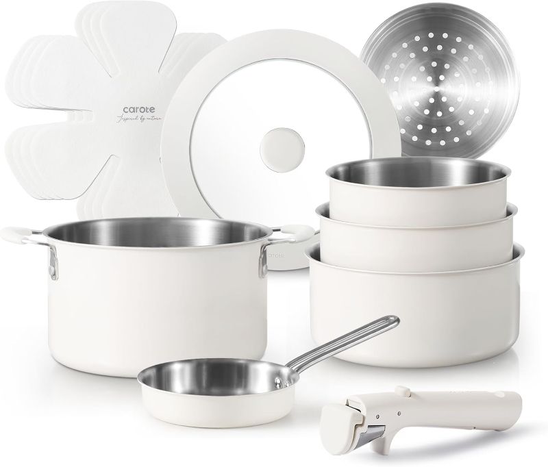 Photo 1 of CAROTE 12pcs Pots and Pans Set, Stainless Steel Cookware Set Detachable Handle, Induction Kitchen Cookware Sets with Removable Handle, RV Cookware Set, Oven Safe, Cream White