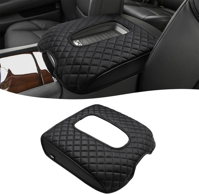 Photo 1 of KBH Center Console Armrest Cover for 2015-2020 Cadillac Escalade, Vinyl Leather Trim, Middle Console Cushion Protector, Anti-Scratch, Black