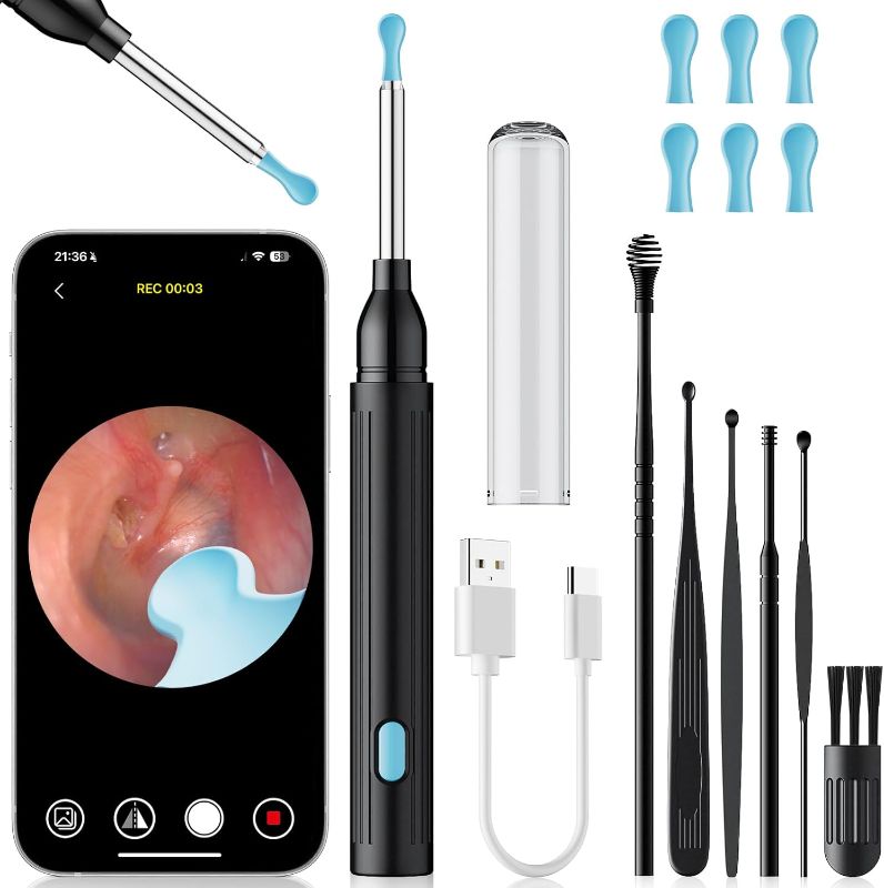 Photo 1 of Ear Wax Removal, Ear Wax Removal Tool with 8 Kits & 5 Ear Spoon, Ear Cleaner with 2400P Camera with 6 LED Lights, Ear Wax Removal Kit for iOS & Android (Black)