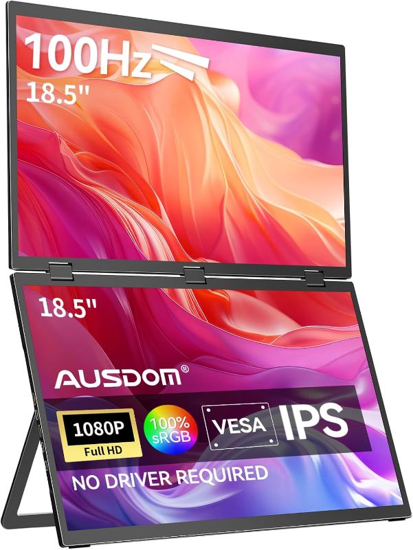 Photo 1 of AUSDOM 18.5" Dual Screen Portable Monitor, 18.5 inch 100Hz 1080P Large Folding Stacked External Display for Laptop, Travel Foldable Screen Extender Double Mobile Computer Display for Win/Mac, Black