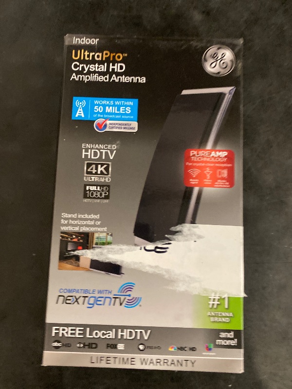 Photo 1 of GE Crystal Antenna, Amplified, High Definition, Long Range Smart TV Antenna, Supports 4K 1080P HDVHF UHF, J Mount Included for Attic or Outdoor, Weather Resistant 48732-RF1