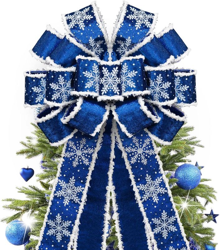 Photo 1 of Christmas Tree Topper Bow,48''x 13'' Large Velvet Christmas Wreath Bows Xmas Ornaments with Long Wired Edge Ribbon for Farmhouse Thanksgiving,Birthday,Living Room Christmas Decoration(Blue)