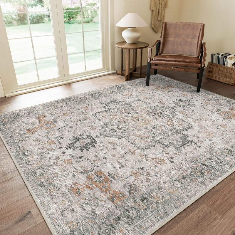 Photo 1 of GENIMO 8x10 Area Rugs for Living Room, Machine Washable Non Slip Vintage Rugs, Low Pile Lightweight Chenille Print Rug for Bedroom, Dining Room, Home Office, Light Taupe Brown