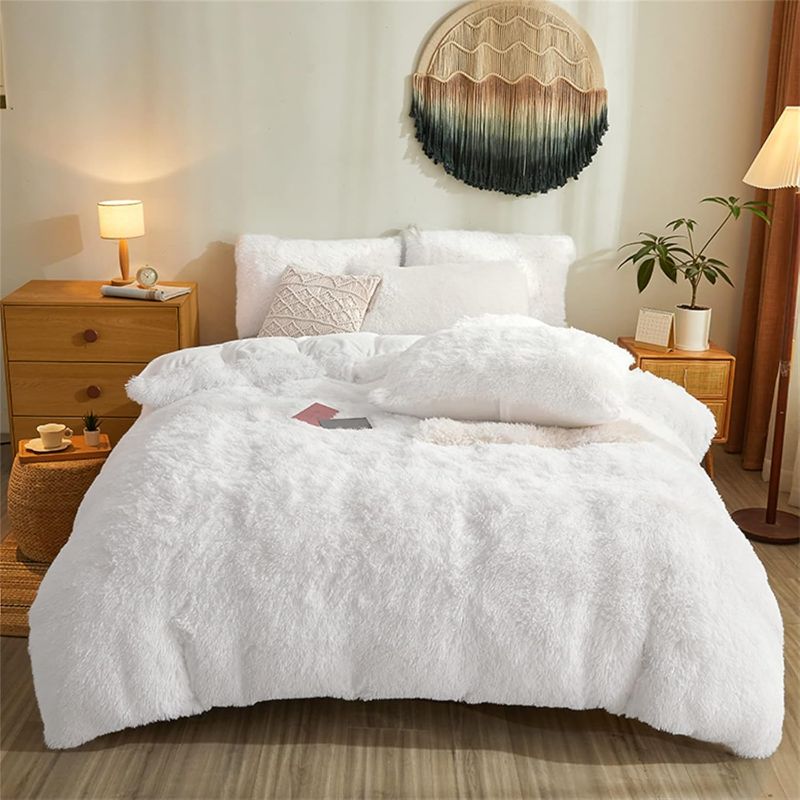 Photo 1 of (Twin) Faux Fur Fluffy Comforter Cover Set, Ultra Soft Duvet Cover Bedding With Pillow Cases, Twin 2 Pieces, White Bed Zipper Closure