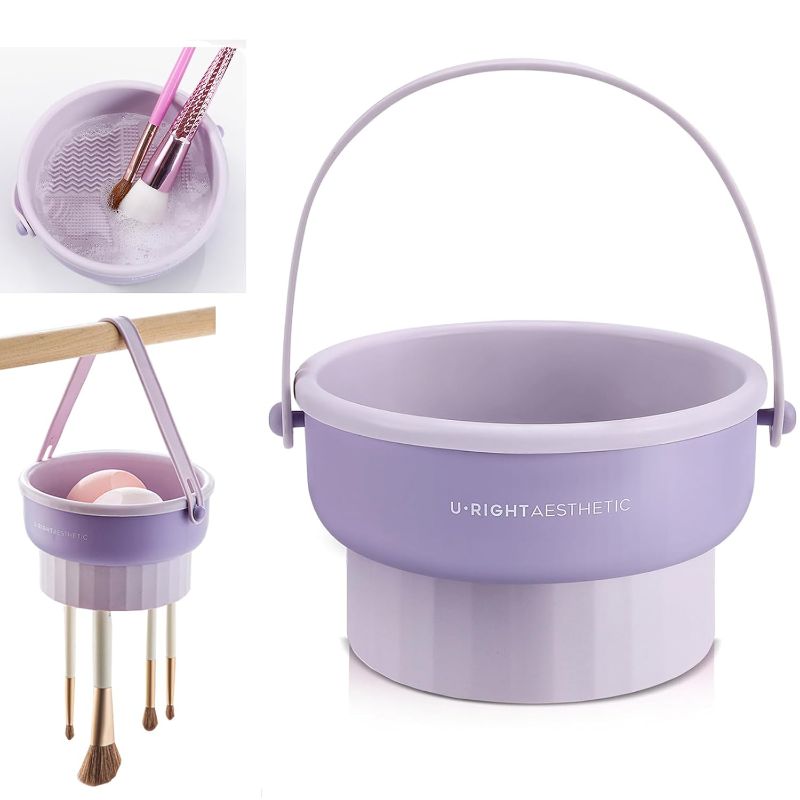 Photo 1 of 3 in 1 Brush Cleaning Mat with Brush Drying Holder, Silicone Makeup Brush Cleaner Mat Make Up Brush Cleaning Bowl Cosmetic Brush Washing Tool for Makeup Brush, Sponge, Powder Puff (Purple)