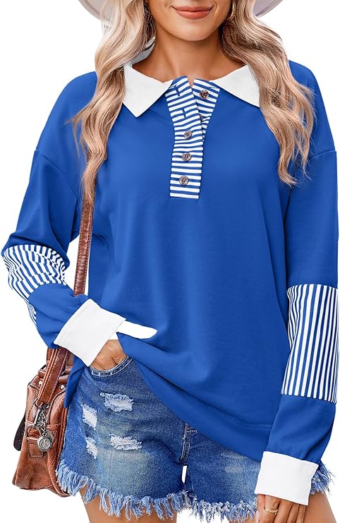 Photo 1 of (S) Zeagoo Women's Sweatshirt Striped Long Sleeve Henley Button Casual Loose Pullover Tunic Tops 2024 Fall Shirt Outfits