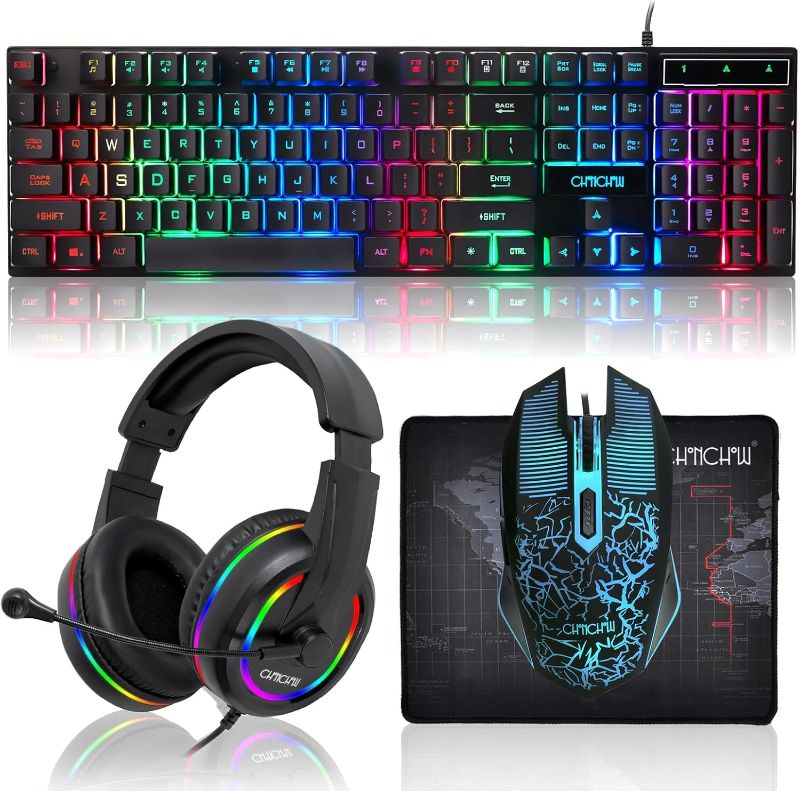 Photo 1 of CHONCHOW LED Gaming Keyboard, Mouse, Headset, and Mousepad Bundle - Wired Rainbow Light Up Set for Xbox PS4 PS5 PC Laptop Gamer