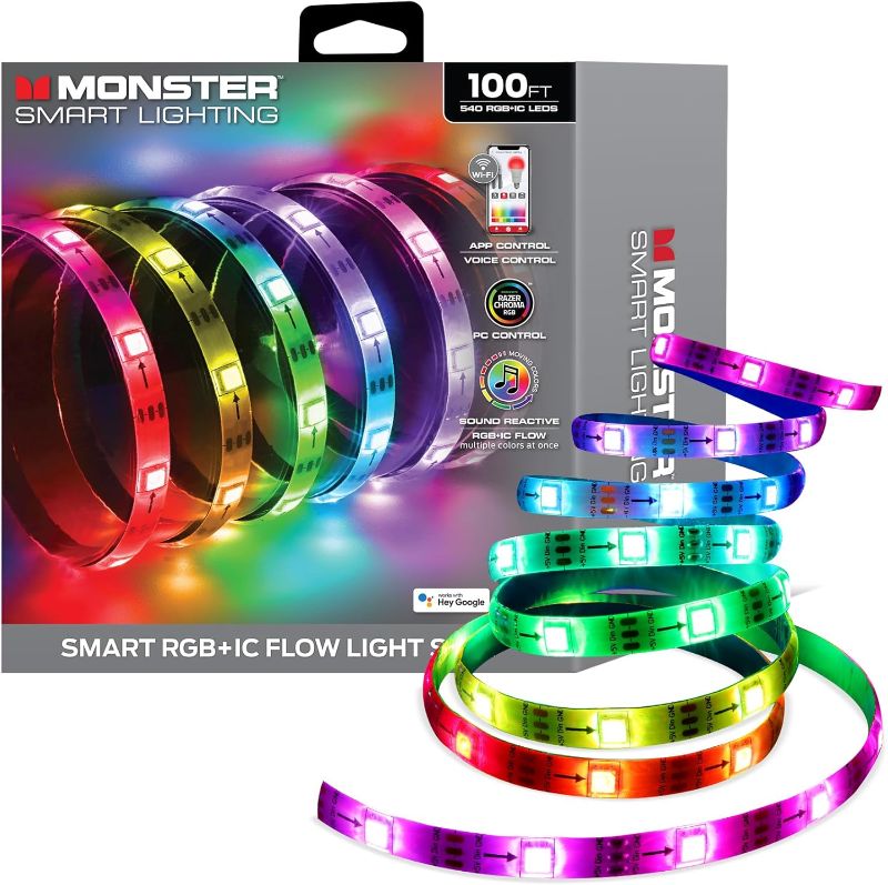 Photo 1 of Monster Smart RGB+IC LED Light Strip, 100’ Foot Indoor Sound Reactive Multi Color Chasing LED Light Strip, Works with App, Alexa, & Google Home, Razer Chroma Smart Gaming Lights, 540 RGB+IC LED Lights