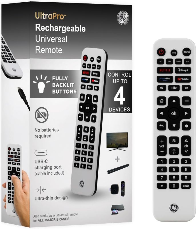 Photo 1 of GE Rechargeable TV Remote Control, Universal Remote Control, Backlit Buttons, Samsung TV Remote Control Replacement for Smart TVs, Apple TV, Sony, Roku Replacement Remote, LG TV, 4-Device, 80984