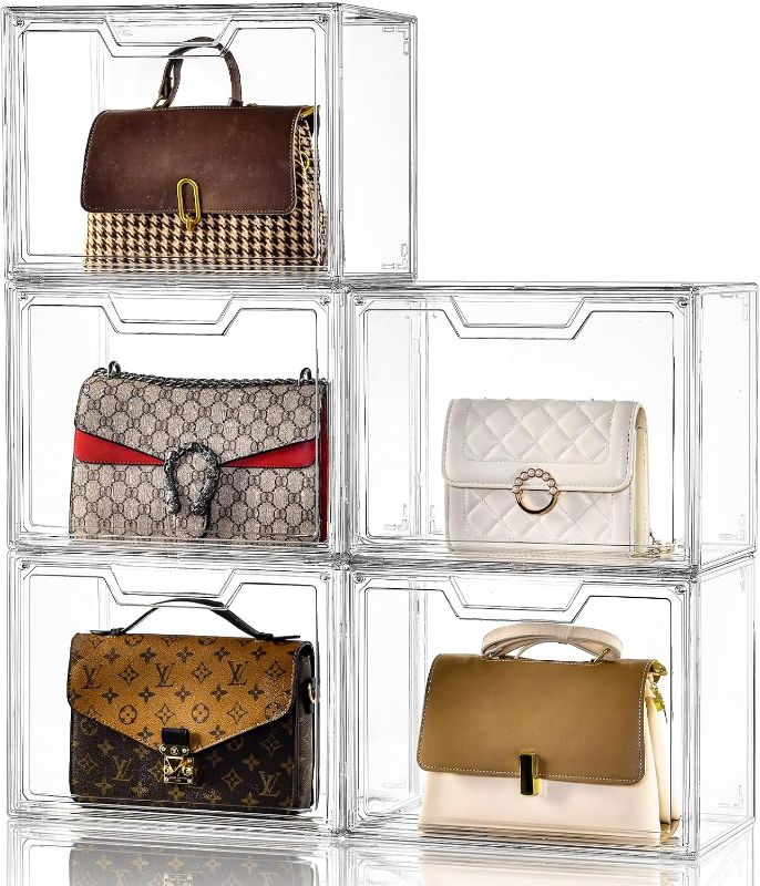 Photo 1 of Purse Organizer for Closet,Clear Acrylic Display Case for Handbag Organizer, Purse Storage Box with Magnetic Door, Plastic Storage Bins for Book, Collectibles, Cosmetic (5 Pack)