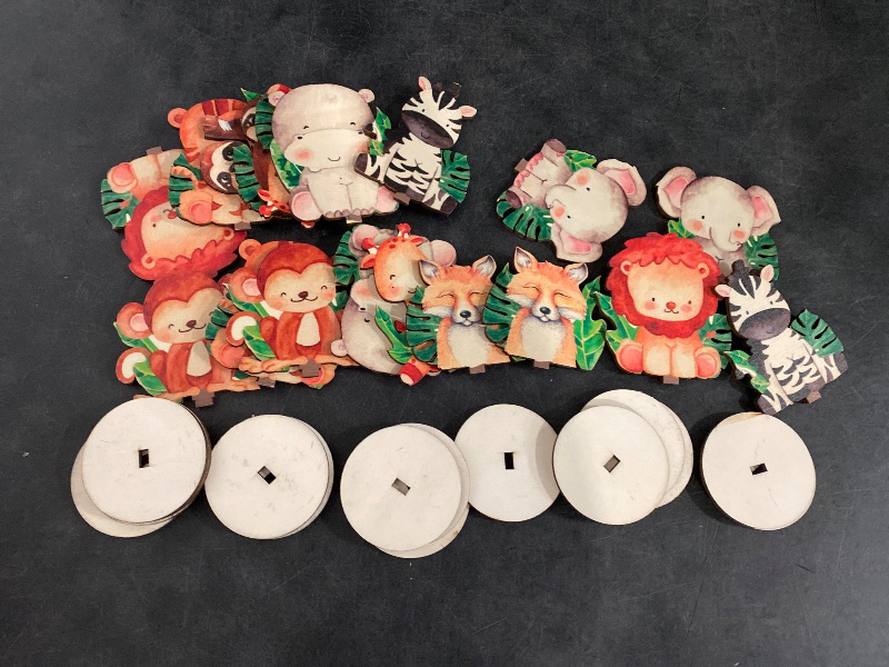 Photo 1 of 18 Pcs Jungle Animals Safari Baby Shower Decorations Wooden Jungle Party Decorations Safari Centerpieces for Tables Forest Animals Shapes Table Topper for Kids Camping Birthday Party Supplies