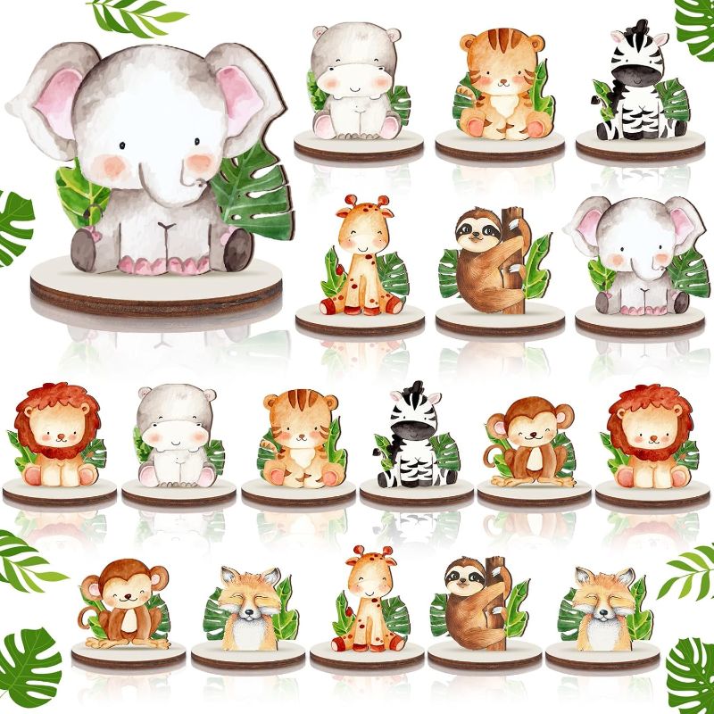 Photo 1 of 18 Pcs Jungle Animals Safari Baby Shower Decorations Wooden Jungle Party Decorations Safari Centerpieces for Tables Forest Animals Shapes Table Topper for Kids Camping Birthday Party Supplies