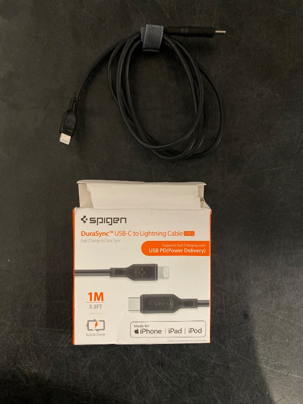 Photo 1 of Spigen DuraSync USB C to Lightning Cable [3ft MFi Certified] [Supports Power Delivery] Works with iPhone XR, XS, XS Max, X, 8, 8 Plus and iPad with Lightning Charger Port (Black)