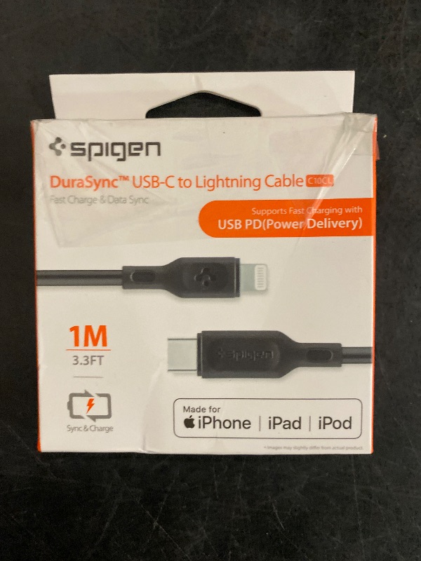 Photo 1 of Spigen DuraSync USB C to Lightning Cable [3ft MFi Certified] [Supports Power Delivery] Works with iPhone XR, XS, XS Max, X, 8, 8 Plus and iPad with Lightning Charger Port (Black)
