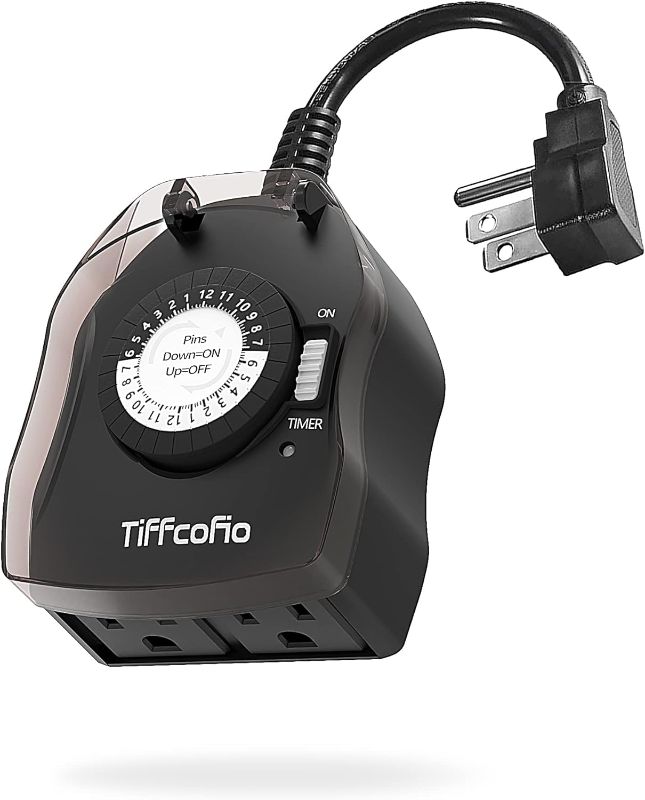 Photo 1 of Outdoor Timer Outlet, 24 Hour Mechanical Outdoor Timer for Pool Pump, Outdoor Light Timer Waterproof, 2 Grounded Outlets for Home and Garden, 15A 1/2HP, Heavy Duty, CSA Listed (1 Pack)