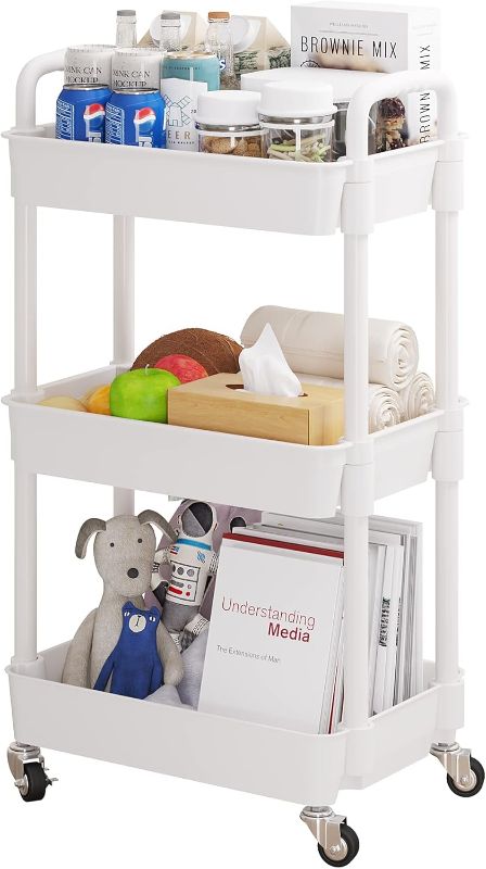 Photo 1 of 3-Tier Rolling Utility Cart with 12 Category Labels,Multifunctional Storage Shelves with Handle and Lockable Wheels for Room,Office,Kitchen,Bathroom,White
