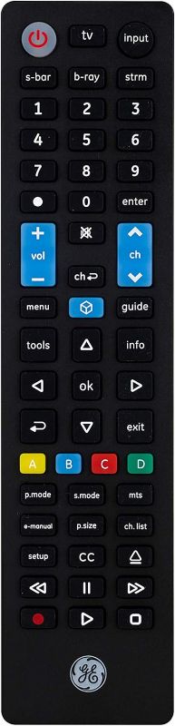 Photo 1 of GE Samsung Replacement Remote, Universal Remote Control Compatible for Roku, Apple TV, Smart TV, Soundbar, Streaming Player, Blu Ray, DVD, DVR, 4 Device, Black, 44235