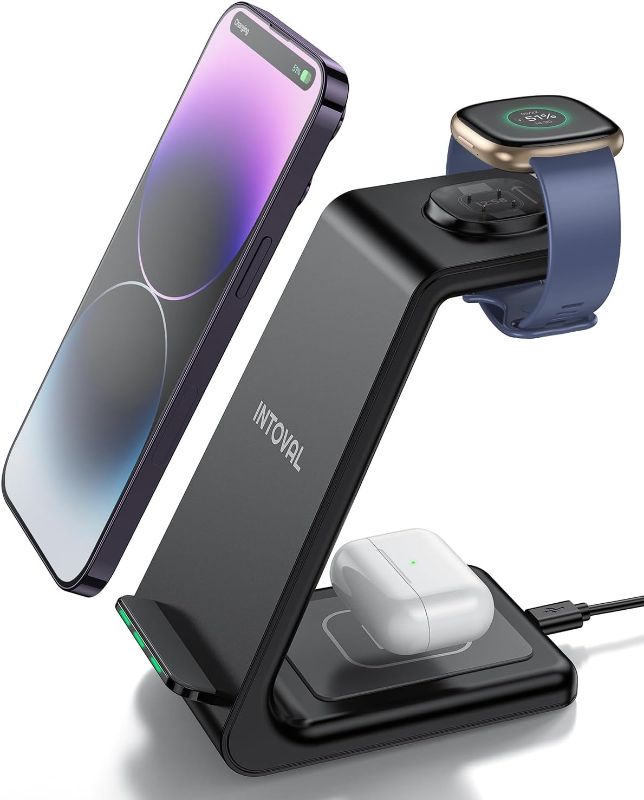 Photo 1 of Intoval Wireless Charger for Fitbit Sense 2/Sense/Versa 4/Versa 3, 3 in 1 Wireless Charging Station for iPhones, Androids, Airpods (V3F, Black)
