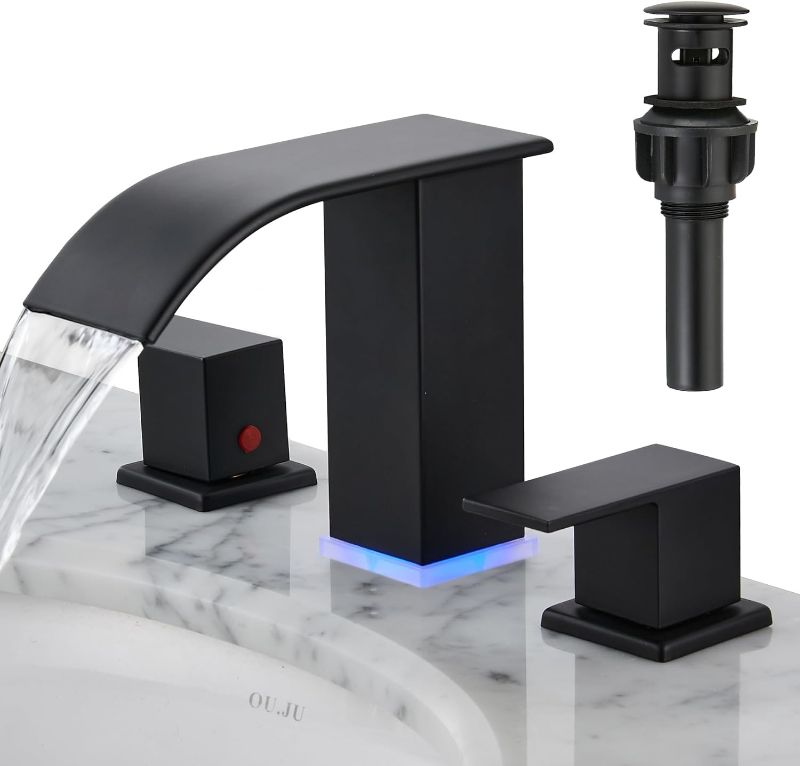 Photo 1 of Bathroom Faucets 8 Inch Widespread Bathroom Sink Faucet Two Handles Black Bathroom Faucet 3 Hole Waterfall Vanity Sink Faucet for 3 Hole with LED Light with Pop Up Drain