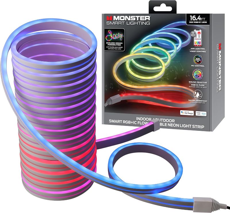 Photo 1 of Monster Smart Neon LED Light Strip, 16.4 Ft RGB+IC Wi-Fi LED Rope Light, Water Resistant for Outdoor & Indoor, Compatible with Alexa Google Home & Siri, App & Voice Control, Sound Reactive, Flexible