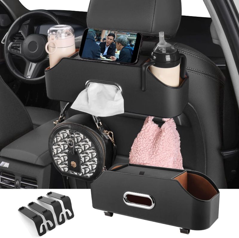 Photo 1 of HOLDCY Car Back Seat Organizer with 2 Drink Cup Holder - Tissue Box and Storage Box Hook - Multi-functional Storage - Great for Kids and Travel (Black)