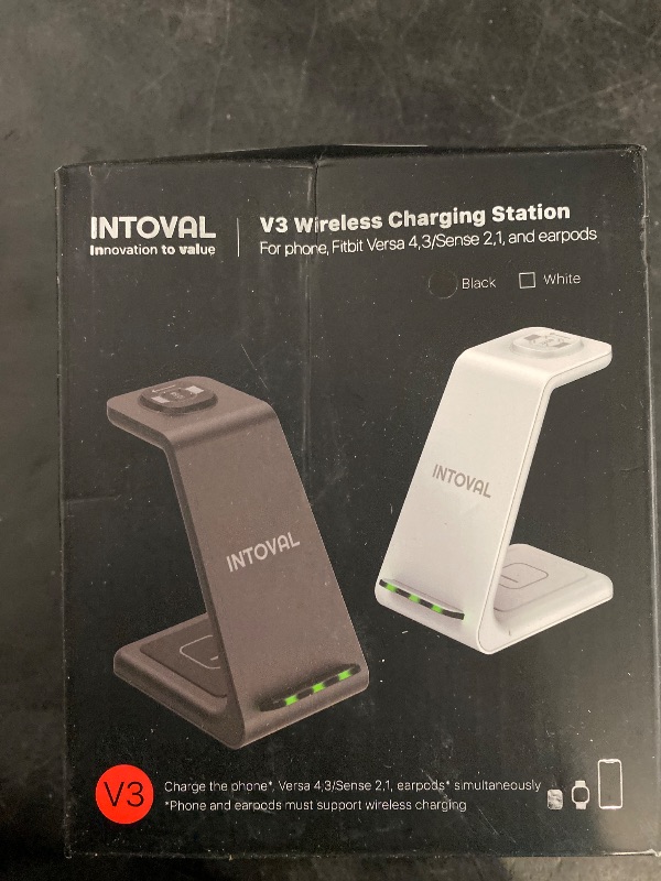 Photo 1 of Intoval Wireless Charger for Fitbit Sense 2/Sense/Versa 4/Versa 3, 3 in 1 Wireless Charging Station for iPhones, Androids, Airpods (V3F, Black)