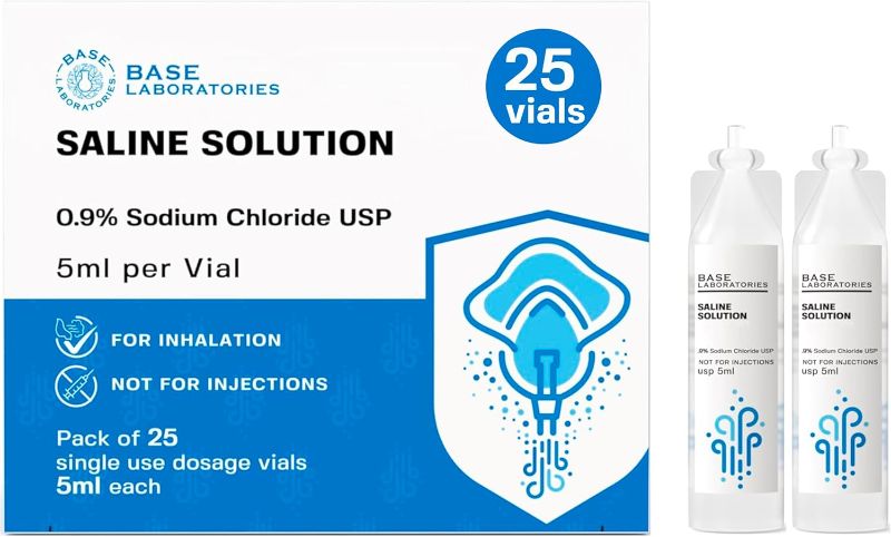 Photo 1 of BASE LABORATORIES 0.9% Saline Solution for Nebulizer Machine | Saline Solution for Inhalation & Nasal Irrigation | 0.9% Concentration l 25 Vials 5ml Unit Dose
