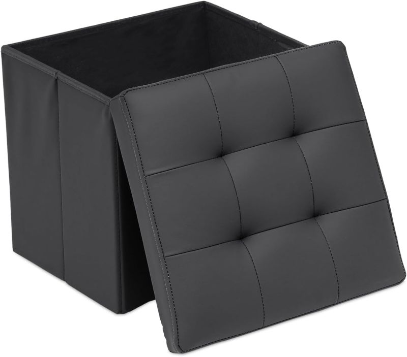 Photo 1 of Athena Collection 15" Storage Ottoman Bench Folding Bench with 40L Hidden Storage, Small Cube Ottoman PU Leather Foot Rest Stool Chest with Flipping Lid for Living Room, Bedroom, Entryway, Black
