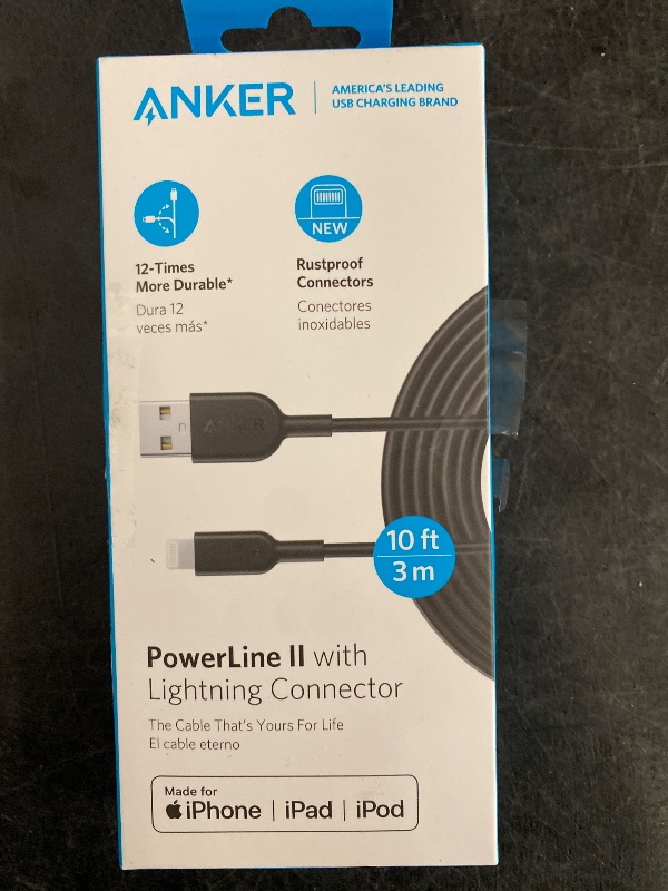Photo 1 of Anker Powerline II Lightning Cable,Apple MFi Certified,USB Charging/Sync Lightning Cord Compatible with iPhone 11 Series/SE/Xs/XR ,and More(10FT,Black)