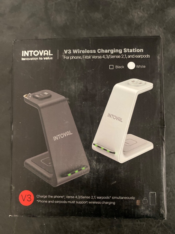 Photo 1 of Intoval Wireless Charger for Fitbit Sense 2/Sense/Versa 4/Versa 3, 3 in 1 Wireless Charging Station for iPhones, Androids, Airpods (V3F, White)