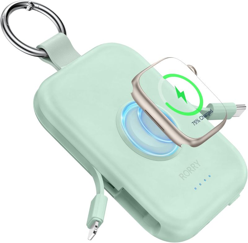 Photo 1 of RORRY Portable Charger, 5000mAh Portable Charger Power Bank with Built-in Cables, Travel Keychain Battery Pack for Apple Watch Ultra 2/9/8/Ultra/7/6/SE/5, iPhone 16/15/14/13/12, Green