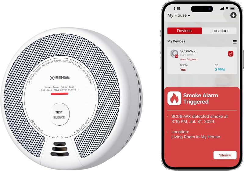 Photo 1 of X-Sense Smart Smoke Detector Carbon Monoxide Detector Combo with No Fee App Notification, Replaceable Battery Powered Smoke Detector and Carbon Monoxide Detector, SC06-WX, 1-Pack