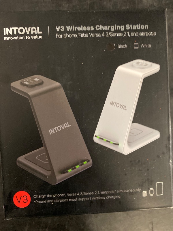 Photo 1 of Intoval Wireless Charger for Fitbit Sense 2/Sense/Versa 4/Versa 3, 3 in 1 Wireless Charging Station for iPhones, Androids, Airpods (V3F, Black)