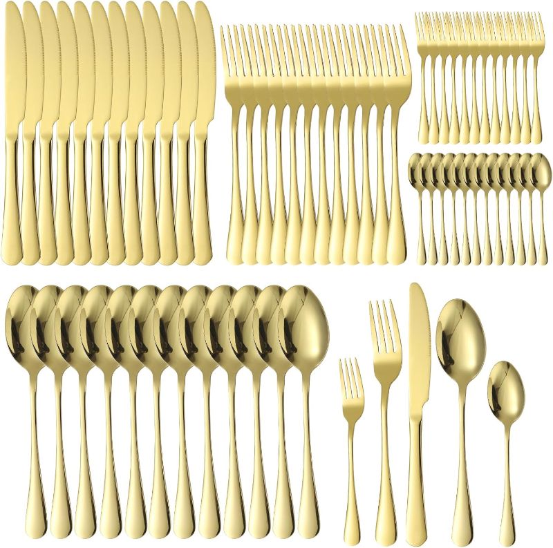 Photo 1 of Gold Silverware Set 12 Stainless Steel Flatware Set 60 Piece Spoon Fork Knives Round Wide Handle Proper Weight Dishwasher Safe Gatherings Festival Parties